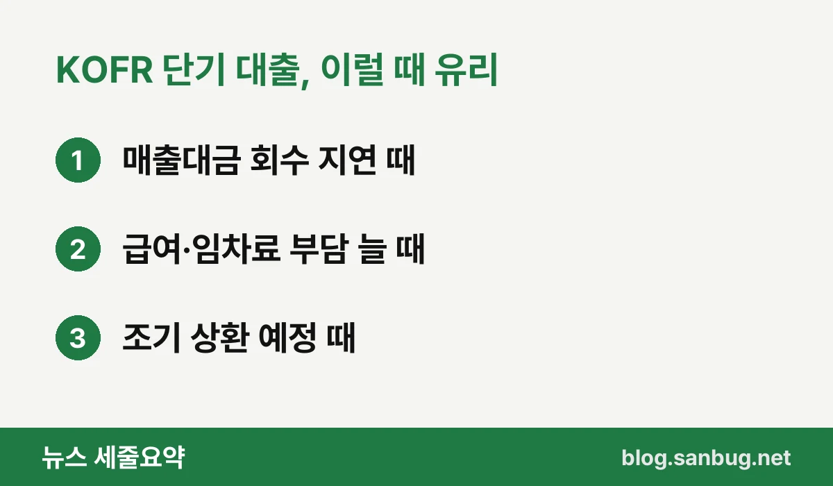 KOFR 단기 대출, 이럴 때 유리 — 매출대금 회수 지연 때 / 급여·임차료 부담 늘 때 / 조기 상환 예정 때