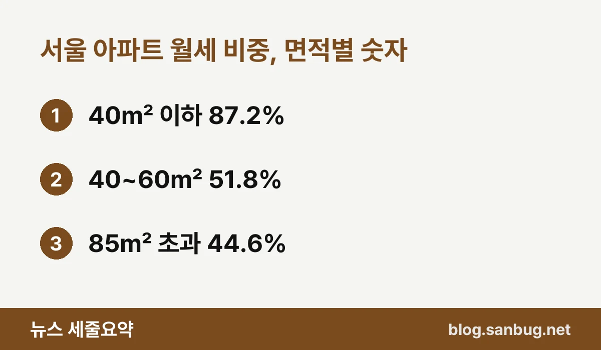 서울 아파트 월세 비중, 면적별 숫자 — 40㎡ 이하 87.2% / 40~60㎡ 51.8% / 85㎡ 초과 44.6%